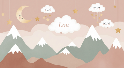Flat artwork preview of the Kids-Mundo sleepy mountain, moon and cloud wall mural design