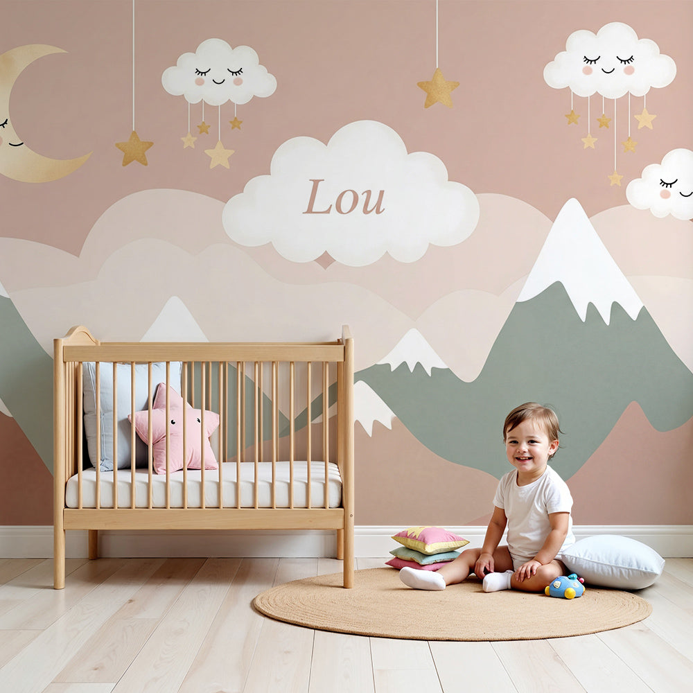 Kids-Mundo sleepy mountain and moon wall mural made to measure for a baby nursery wall