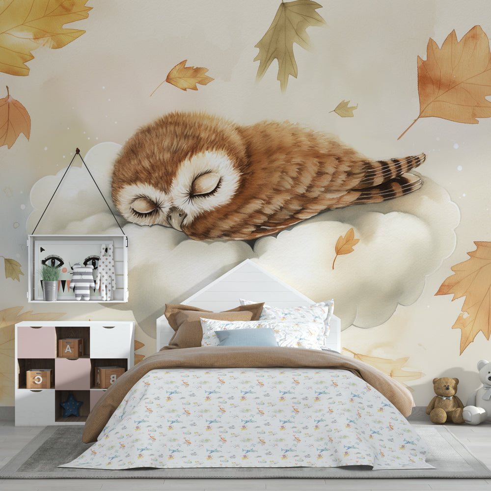 Nature themed owl wallpaper with cloud and autumn leaves for kids room by Kids-Mundo