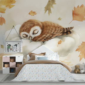 Nature themed owl wallpaper with cloud and autumn leaves for kids room by Kids-Mundo