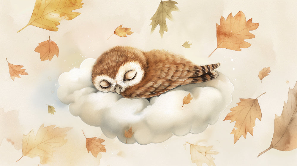 Detailed sleepy owl mural wallpaper design pattern with autumn leaves by Kids-Mundo