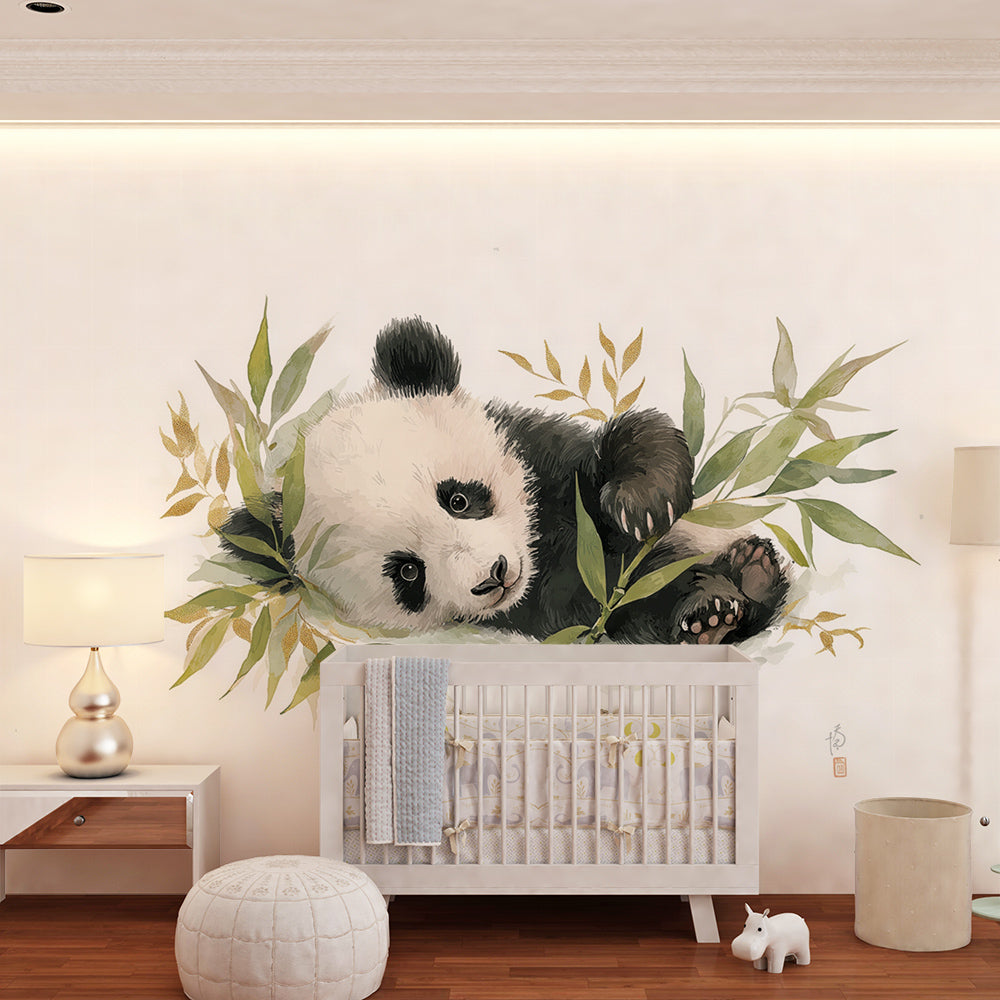 Kids-Mundo panda wall mural with bamboo leaves covering a feature wall in a kids bedroom
