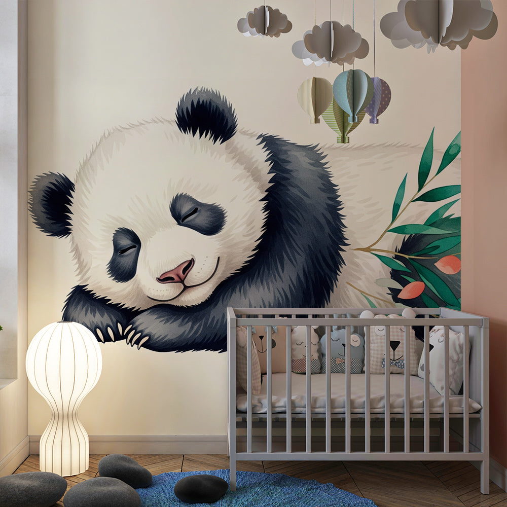 Kids-Mundo panda wall mural styled in a kids bedroom, adding a calm sleepy panda scene to the wall.