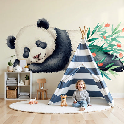 Kids-Mundo panda wall mural in a cream nursery, made to measure with a sleepy panda beside a berry branch.