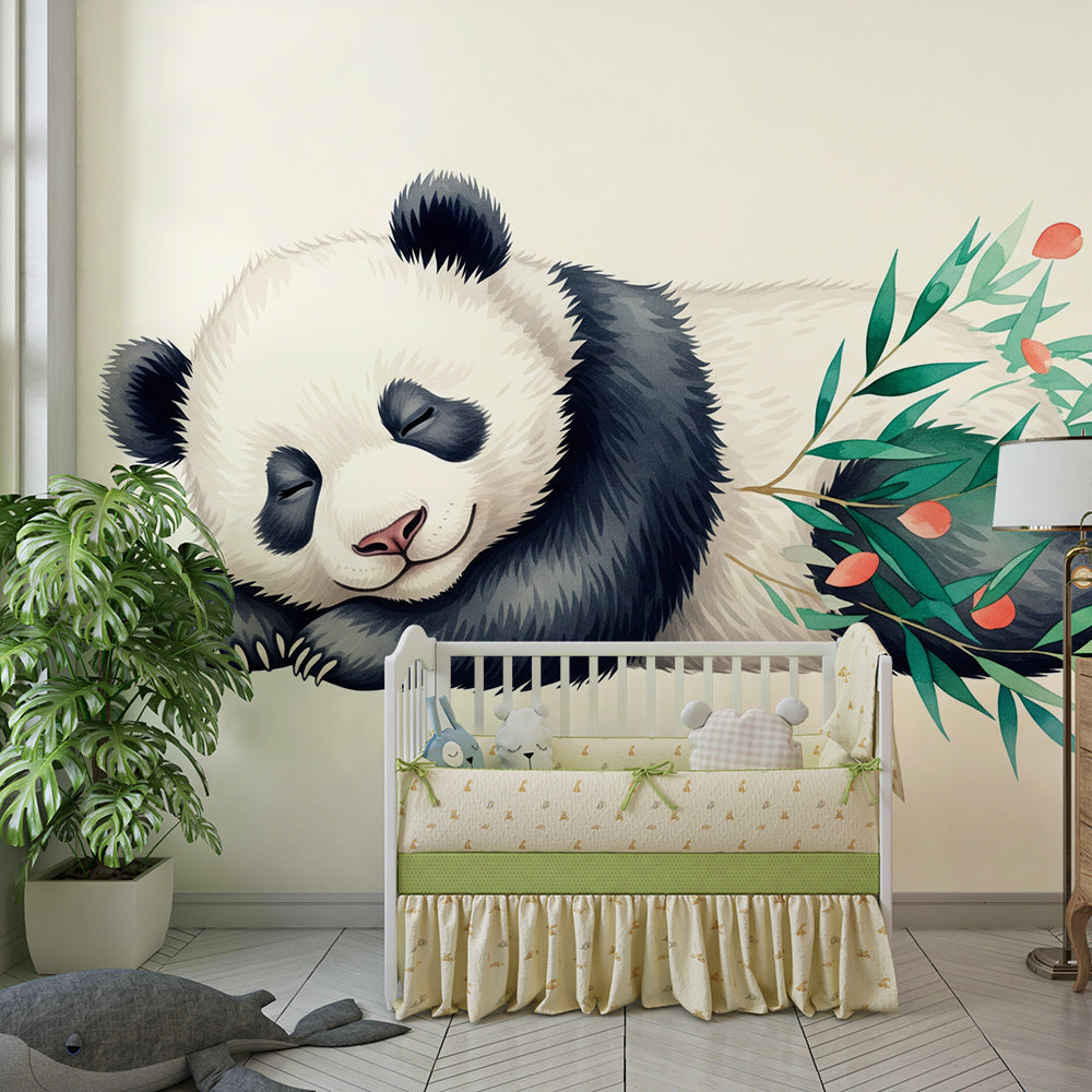 Kids-Mundo panda wall mural brightening a playroom with a dozing panda and soft coral berries.