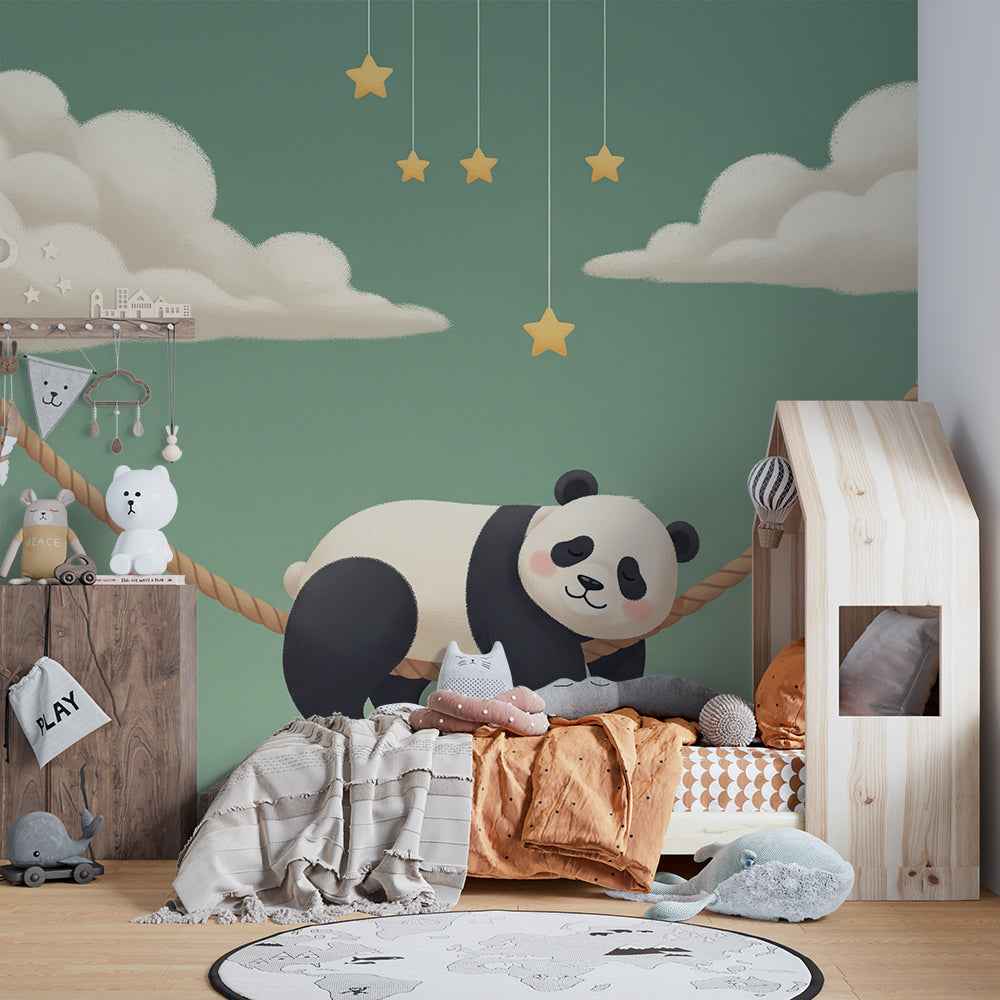 Kids-Mundo dozing panda hammock mural in a soft kids bedroom wall setting