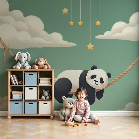 Kids-Mundo sleepy panda wall mural on a rope styled in a calm nursery room