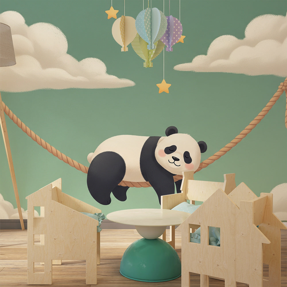 Kids-Mundo sleepy panda and clouds wall mural brightening a calm playroom