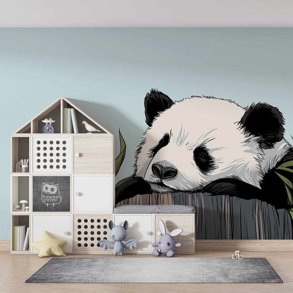 Kids-Mundo sleepy panda on a tree stump mural covering a cosy playroom reading nook