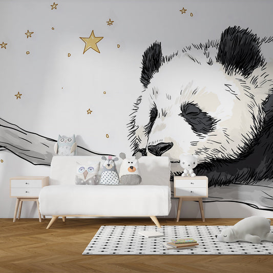 Kids-Mundo panda and stars wall mural made to measure for a kids bedroom wall