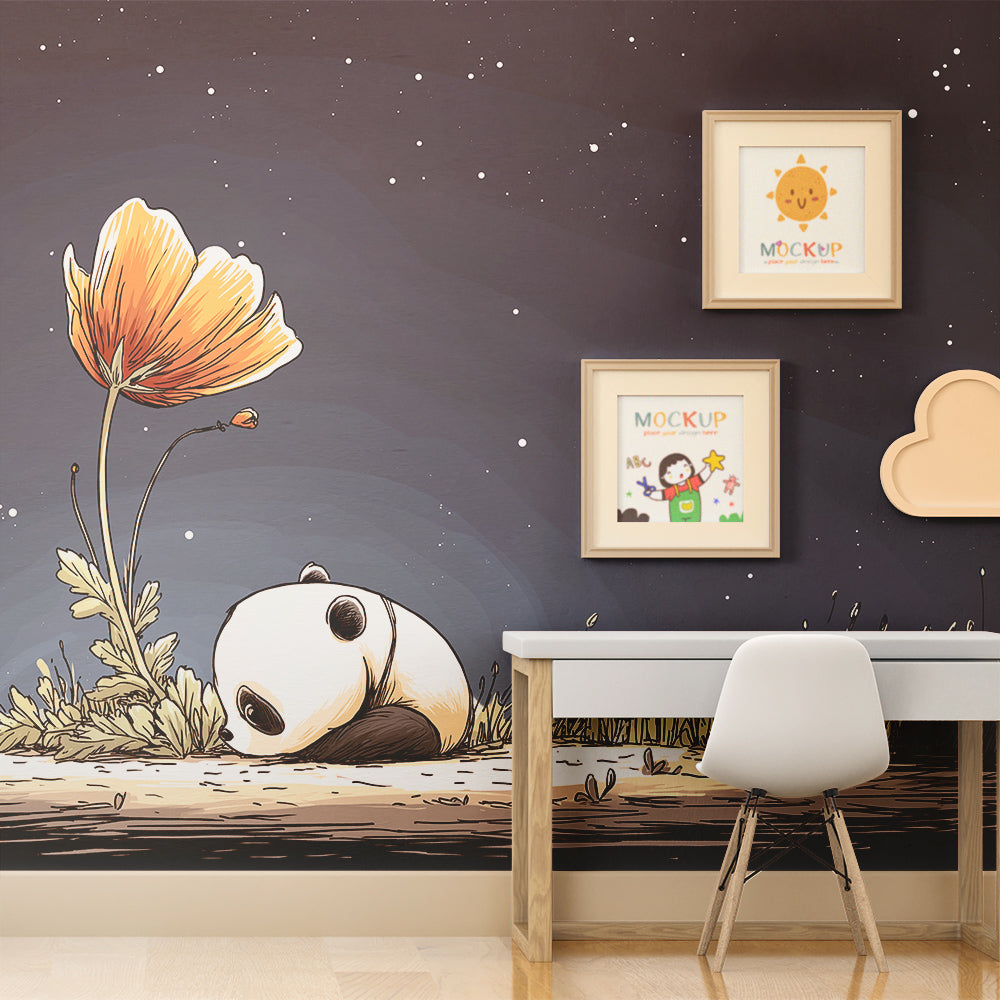 Kids-Mundo starry panda wall mural with a flower shown in a children's bedroom