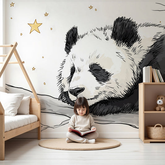 Kids-Mundo sleepy panda under the stars wall mural printed to fit a nursery feature wall