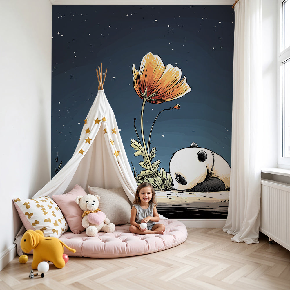 Kids-Mundo sleepy panda under stars wall mural shown above a cot in a nursery room