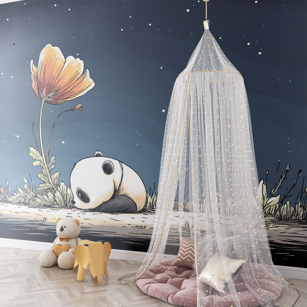 Kids-Mundo panda under the stars wall mural shown as a quiet corner in a playroom