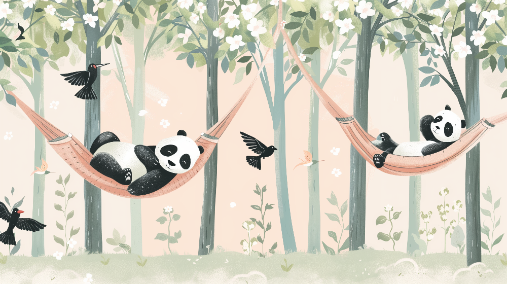 Flat artwork of the Kids-Mundo sleepy panda wall mural design set in a blossom forest scene.