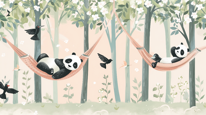 Flat artwork of the Kids-Mundo sleepy panda wall mural design set in a blossom forest scene.