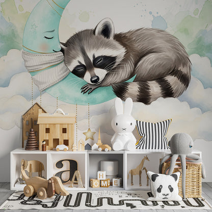 Kids-Mundo raccoon and moon wall mural styled in a cosy children's bedroom