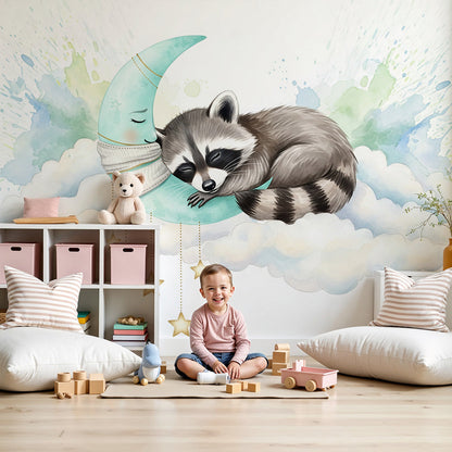 Kids-Mundo sleepy raccoon wall mural on the moon in a soft nursery room
