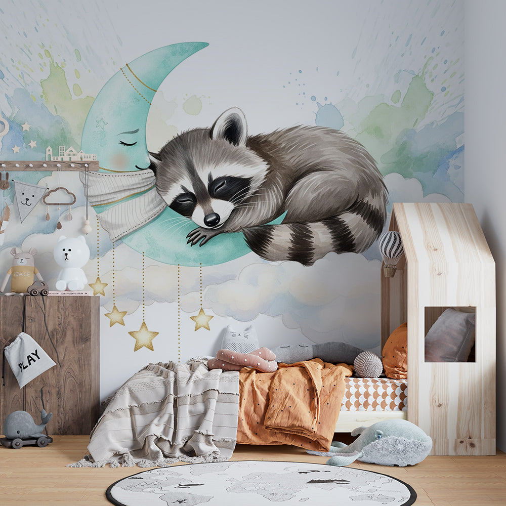Kids-Mundo sleepy raccoon wall mural decorating a calm children's playroom wall