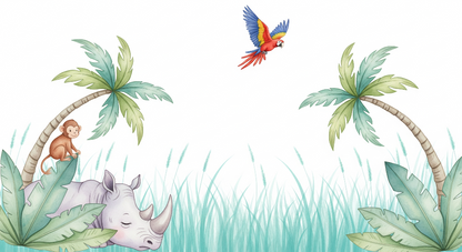 Kids-Mundo sleepy rhino artwork with monkey and macaw on a white background