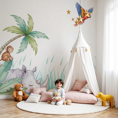 Kids-Mundo sleepy rhino wall mural styled in a calm, green-toned nursery with cot and soft rug
