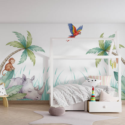 Kids-Mundo sleepy rhino jungle mural brightening a fun children's playroom wall