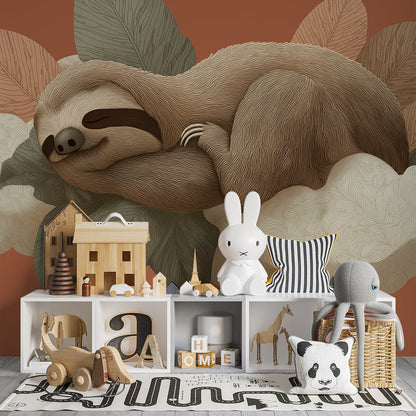 Kids-Mundo tropical sloth and cloud wall mural styled in a calm kids bedroom