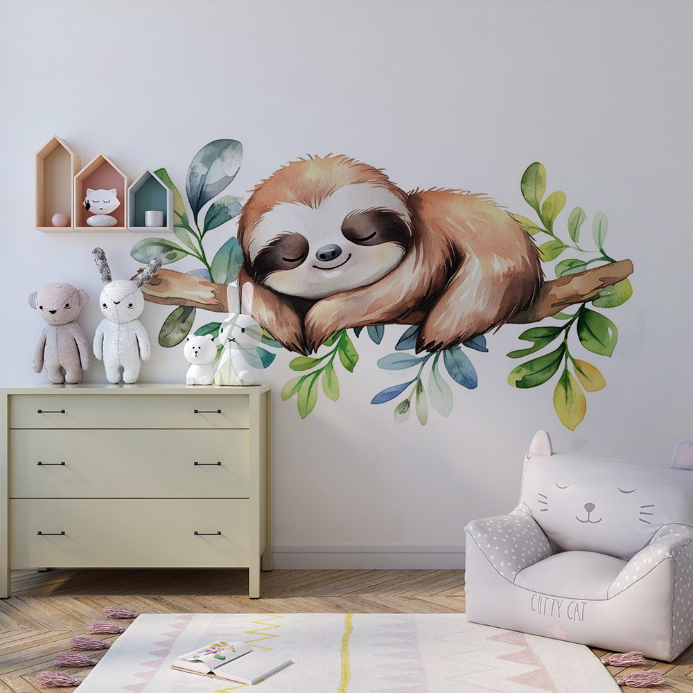 Sleepy sloth wall mural by Kids-Mundo made to measure and hung above a toddler's bed in a calm bedroom.