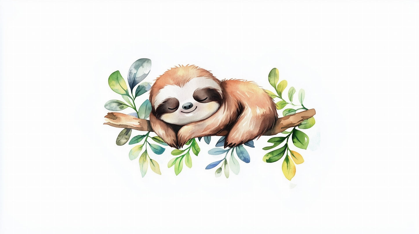 Flat watercolour artwork of the Kids-Mundo sleepy sloth wall mural design with leafy branch details.