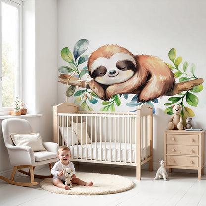 Kids-Mundo sleepy sloth wall mural styled in a soft green and blue nursery with watercolour leaf accents.