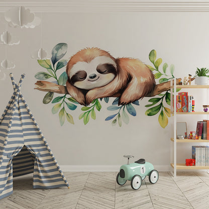 Kids-Mundo sloth wall mural brightening a playroom feature wall with gentle green watercolour leaves.