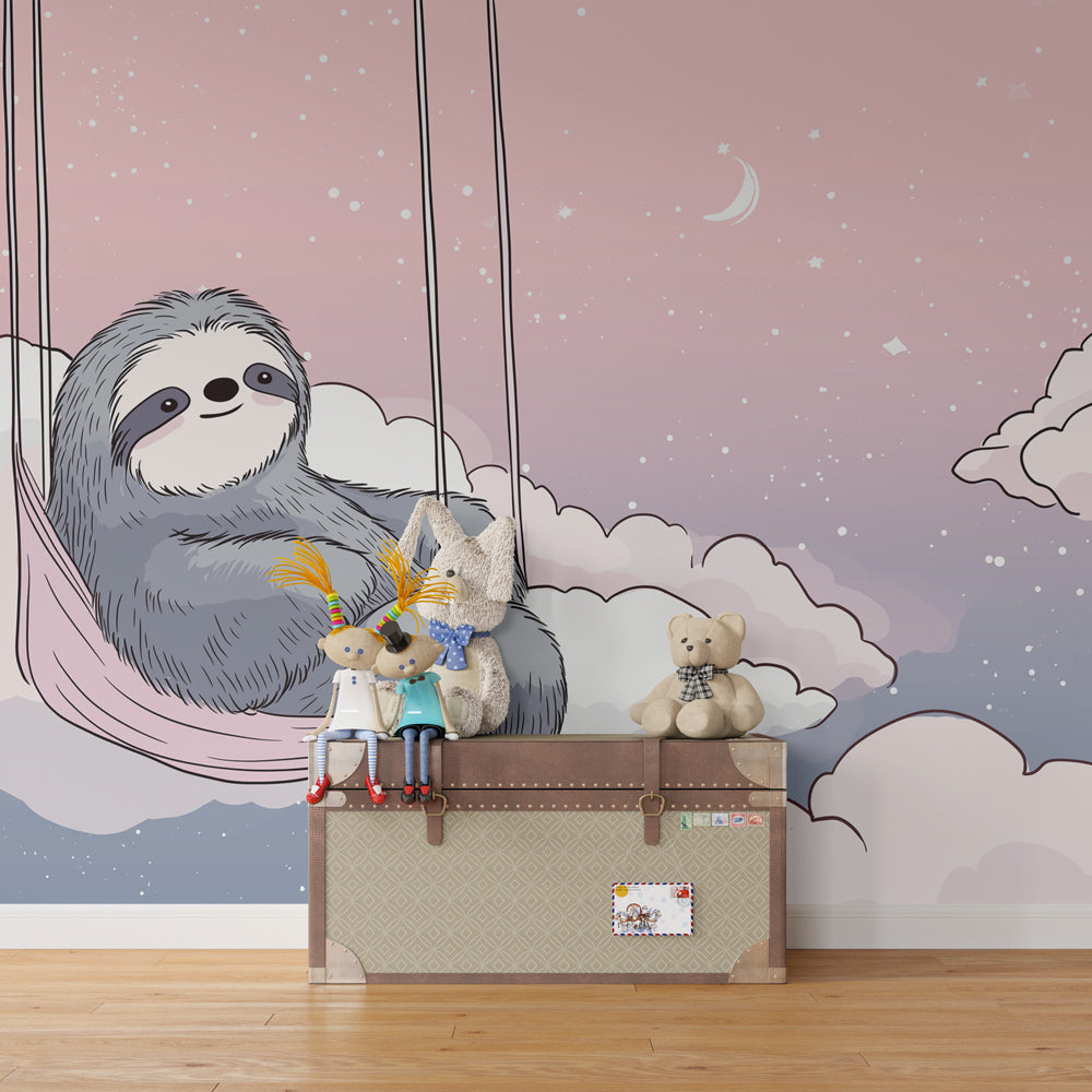 Animal-themed sloth wallpaper transforming baby bedroom into dreamy cloud sanctuary
