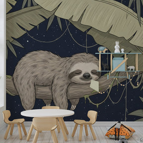 Nature theme sloth mural wallpaper with stars in bright children's playroom setting