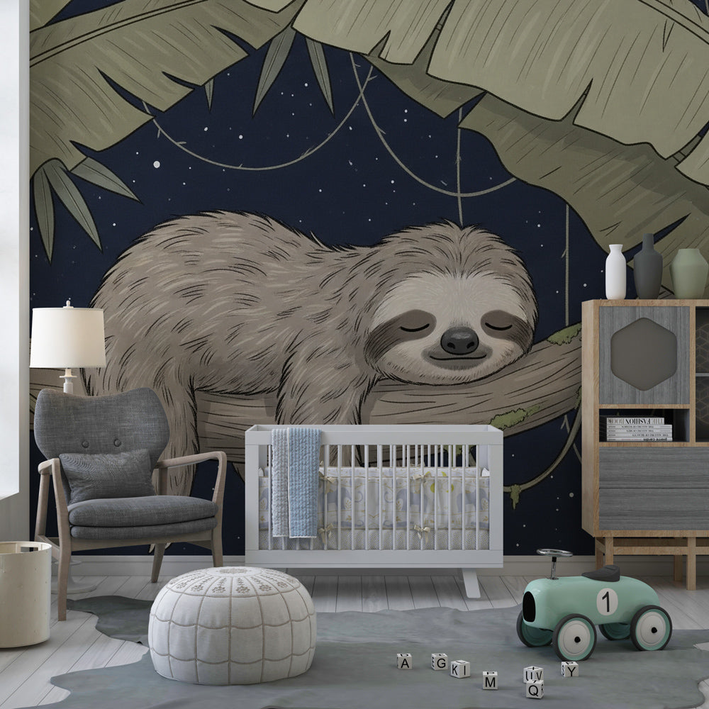 Jungle sloth wallpaper creating peaceful atmosphere in modern toddler bedroom decor