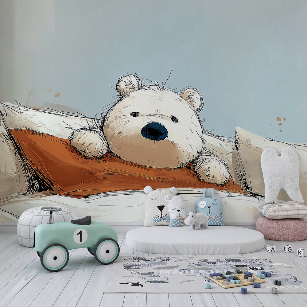 Kids-Mundo sleepy teddy bear mural covering the wall of a cosy child's bedroom with a single bed