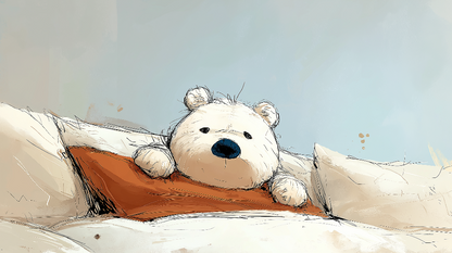 Kids-Mundo flat artwork of a sketched teddy bear peeking from an orange blanket on a pale blue background