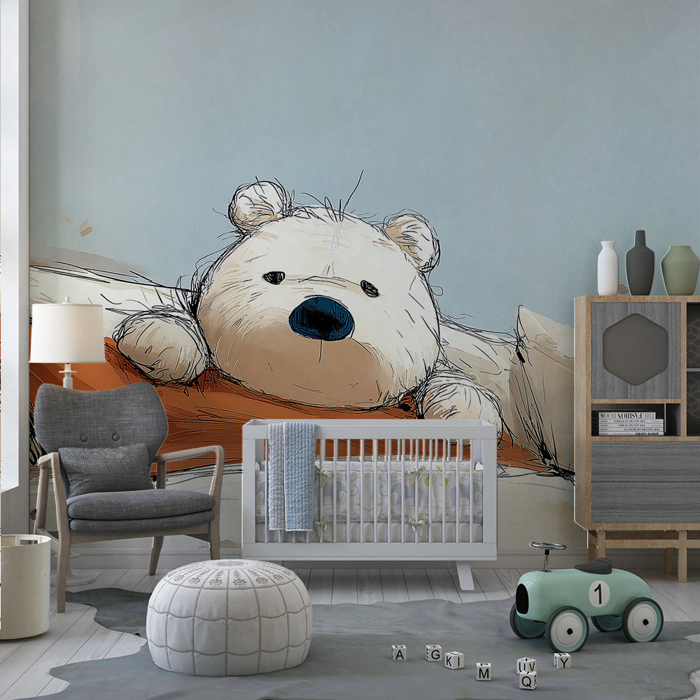 Kids-Mundo teddy bear wallpaper mural styled in a playroom corner with cushions and soft toys