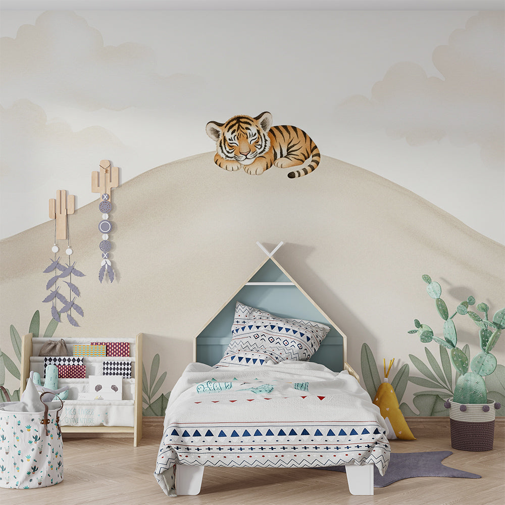 Kids-Mundo sleepy tiger cub wall mural styled in a cosy kids bedroom with warm neutral tones