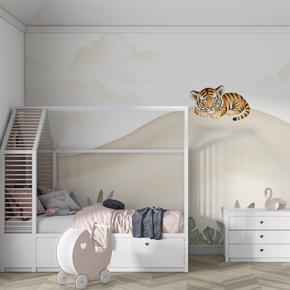 Kids-Mundo sleepy tiger cub wall mural brightening a playroom wall with a gentle jungle scene