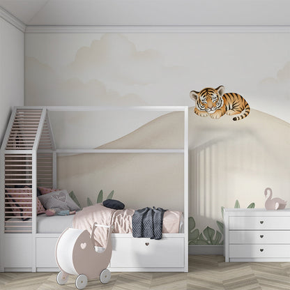 Kids-Mundo sleepy tiger cub wall mural brightening a playroom wall with a gentle jungle scene