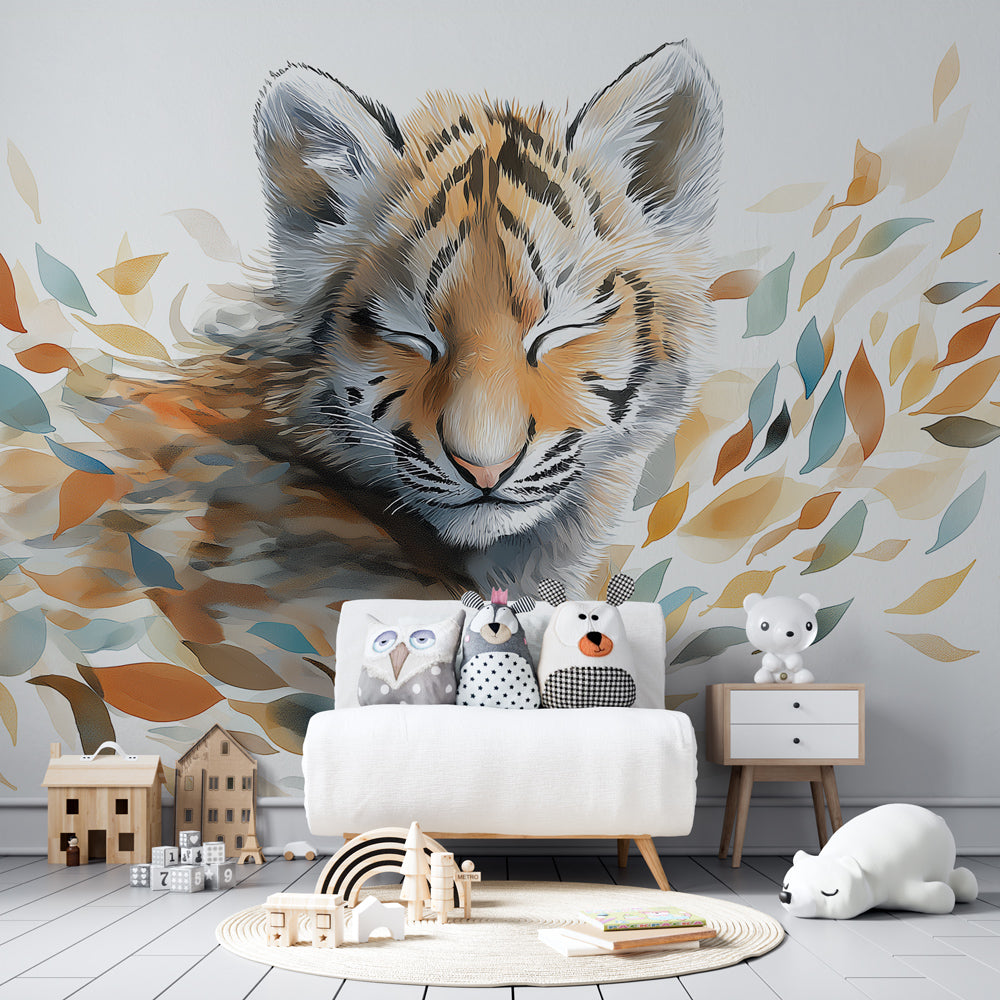 Kids-Mundo watercolour tiger cub wall mural shown in a cosy kids' bedroom.