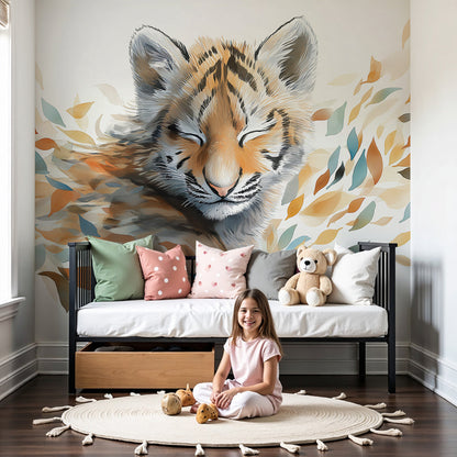 Kids-Mundo sleepy tiger cub wall mural styled in a calm, soothing nursery room.