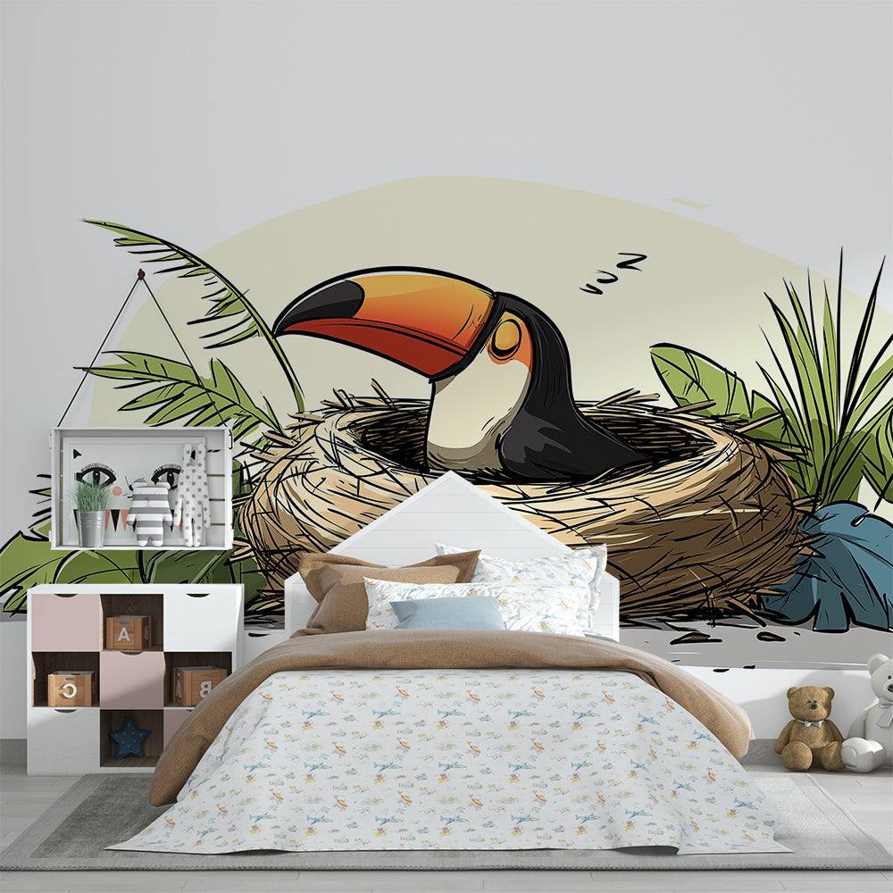 Kids-Mundo sleepy toucan wall mural covering a feature wall in a toddler's bedroom.