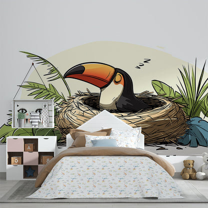 Kids-Mundo sleepy toucan wall mural covering a feature wall in a toddler's bedroom.