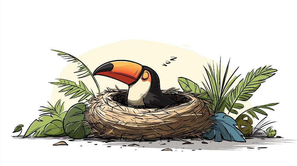 Flat artwork preview of the Kids-Mundo sleepy toucan nest wall mural design.