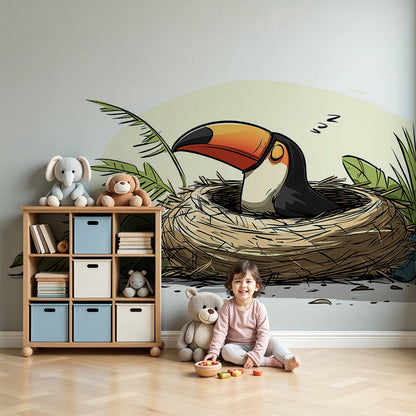 Kids-Mundo sleepy toucan wall mural styled on a feature wall in a cosy nursery.