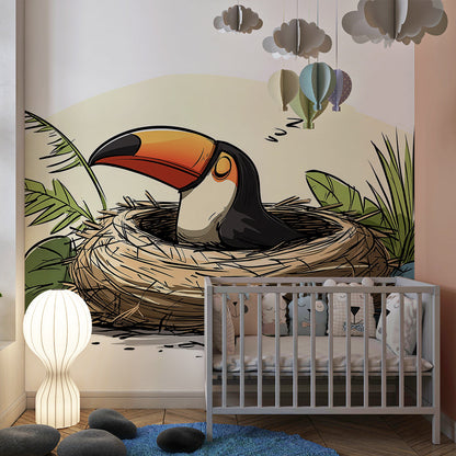 Kids-Mundo sleepy toucan wall mural brightening a playroom wall beside a reading corner.