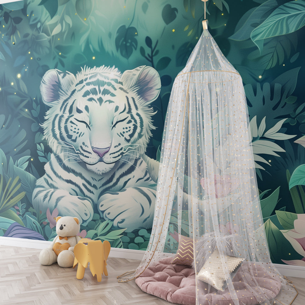 Kids-Mundo white tiger jungle mural wallpaper decorating a peaceful kids bedroom wall