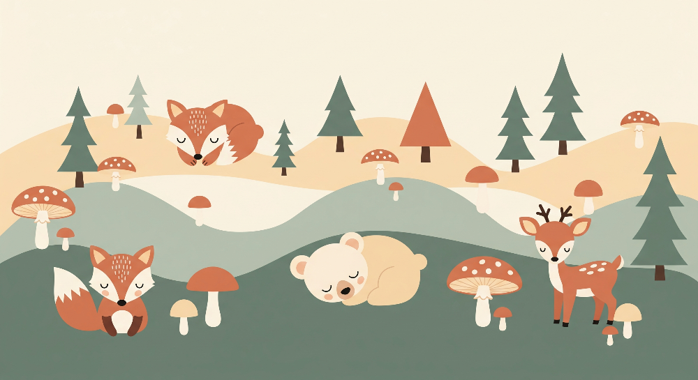 Kids-Mundo flat artwork of a sleepy fox, bear and deer woodland wall mural design