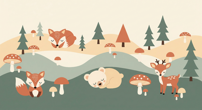 Kids-Mundo flat artwork of a sleepy fox, bear and deer woodland wall mural design